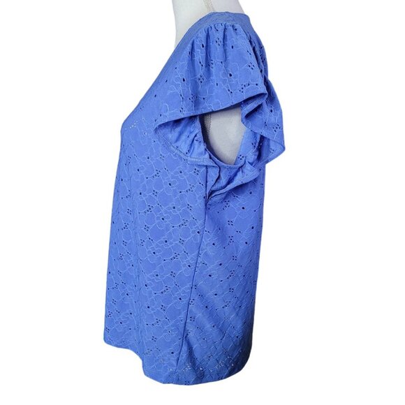 Michael Kors Eyelet Lace Ruffle Short Sleeve Blue Womens Large V Neck Floral - Picture 3 of 8
